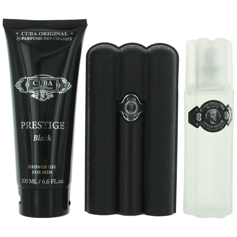 Cuba Prestige Black by Cuba for Men - 3 Pc Gift Set 3oz EDT Spray, 6.6oz Shower Gel, 3.3oz After Shave