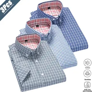 3-pack men’s classic plaid short-sleeve shirts for business casual wear; a light-adult commuter/business style with breathable, skin-friendly, structured fabric that stays cool and doesn’t trap sweat. Classic buttoned lapel design enhances the neckline; c