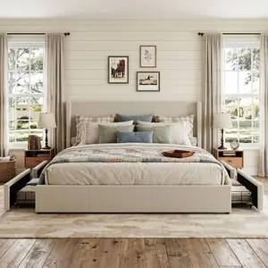 Queen/King Size Bed Frame with Storage Drawers, Corduroy Upholstered Platform Bedframe with Wingback, Headboard and Footboard, No Box Spring Needed, Beige