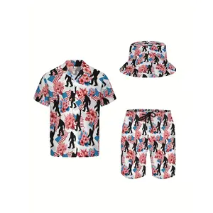 [Made in US] 3 Piece Men's Hawaiian Shirt And Short Set, American Flag Sasquatch Soft Fabric Breathable Shirt Button Down Short Sleeve Casual Beach Shirts Outfits