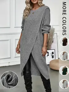 Women's Plain High Low Hem Wrap Tunic Sweater Dress, Casual Drop Shoulder Long Sleeve Dress for Fall & Winter, Women's Clothing for Daily Wear