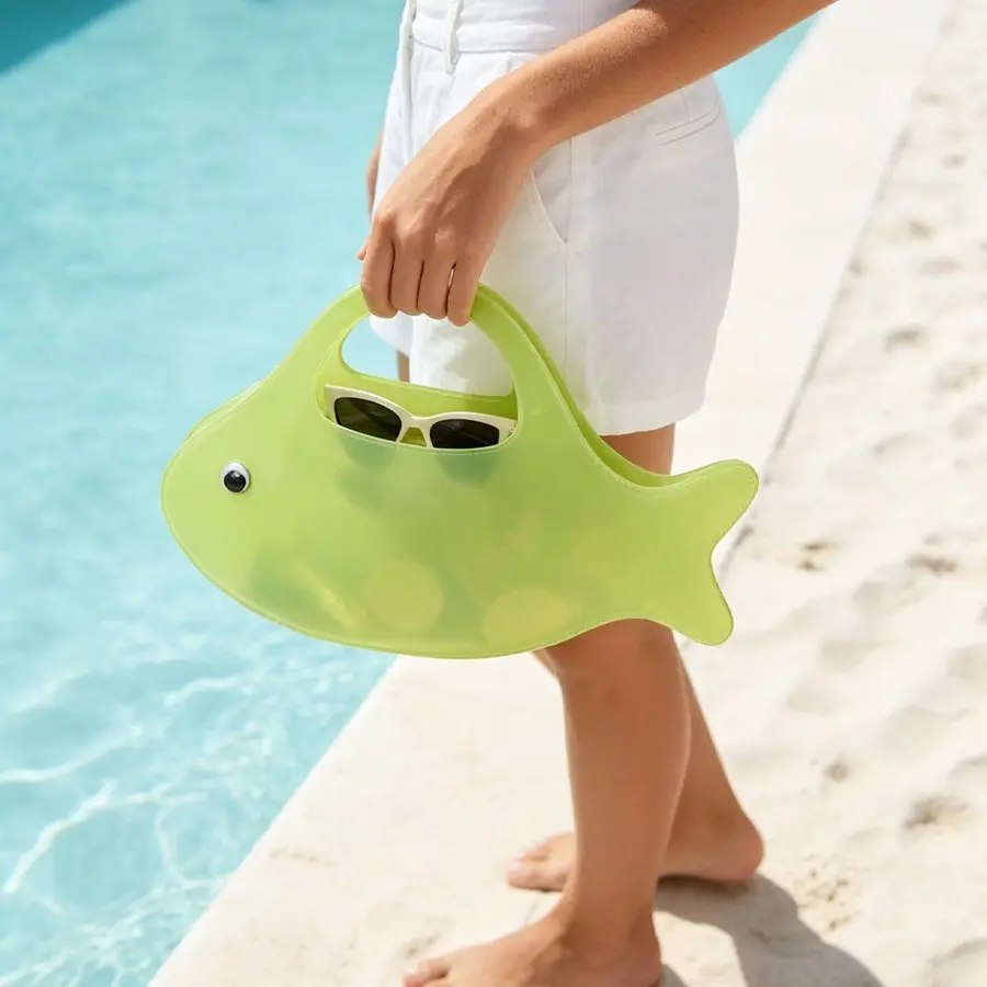 Women's Cute Cartoon Fish-Shaped Transparent Frosted Jelly PVC Mini Tote Bag, 3-Color Options (Green, Mint, Yellow) Novelty Animal Clear Hand Purse for Summer Daily Casual Use