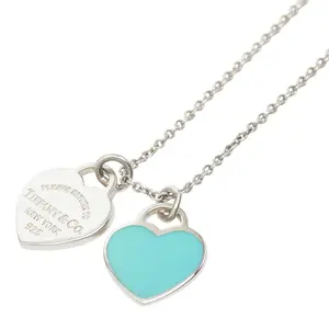 Pre-owned Tiffany & Co. Sterling Silver 925 (Ag925) Small Leather Goods Return to Tiffany Blue Double Heart Tag Pendant Necklace