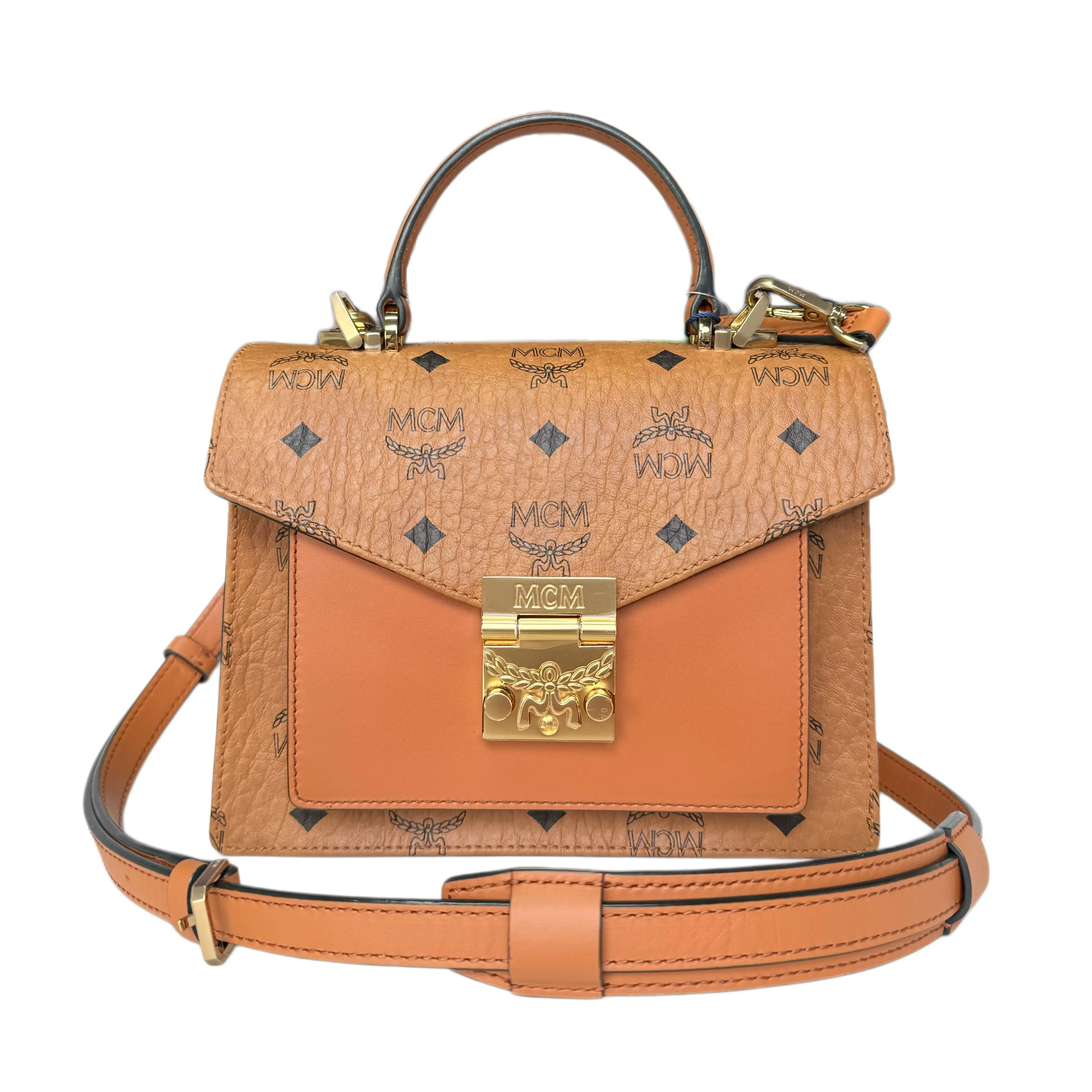 Pre-owned MCM . Crossbody Bags Patricia Satchel Small Handbag Cognac Visetos Colorblock Leather Gold Lock Hardware Top Handle Crossbody Shoulder Bag For Women
