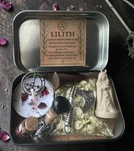 Handmade Rectangle Metal Lilith Travel Altar Tin Set - Home Supplies Organizer Storage Kit with Lavender, Scented Candle, Jasmine Incense, Charm, Goddess Cloth for Witch Spell Glamour Magic, Relaxing Gift Box for Witches