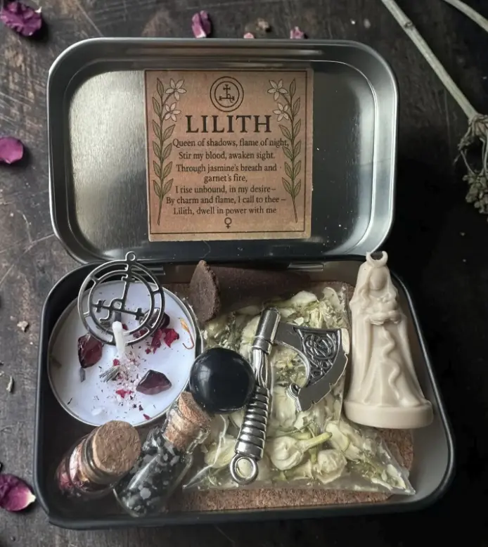 Handmade Rectangle Metal Lilith Travel Altar Tin Set - Home Supplies Organizer Storage Kit with Lavender, Scented Candle, Jasmine Incense, Charm, Goddess Cloth for Witch Spell Glamour Magic, Relaxing Gift Box for Witches