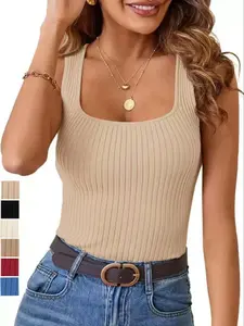 Women's Solid Square Neck Ribbed Tank Top Top for Summer, Ladies Clothes for Daily Wear, Casual Comfy Cami