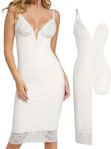 Popilush Lace Bodycon Dress Deep V-Neck Spaghetti Strap Shapewear Women Tummy Control Cocktail Party Elegant Floral