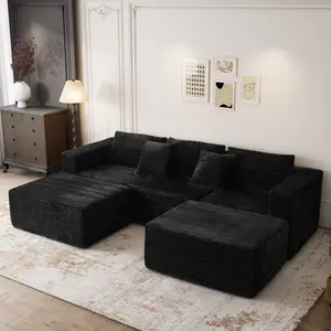 【SummerVibes】134-inch ultra-large corduroy U-shaped boness  with deep seat, includes two footstools, modular design that can transform into a sofa bed, no assembly required. Shipping for 3-piece set  couches for living rooms boneless sectional
