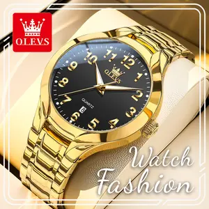 OLEVS 3650 Luxury Men Quartz Watch, 42mm Large Black Dial with Big Arabic Numerals, Single Date Window Luminous Hands Waterproof Full Gold Stainless Steel Bracelet Wristwatch, Classic Business Daily Wear & Father’s Day Birthday Gift for Men