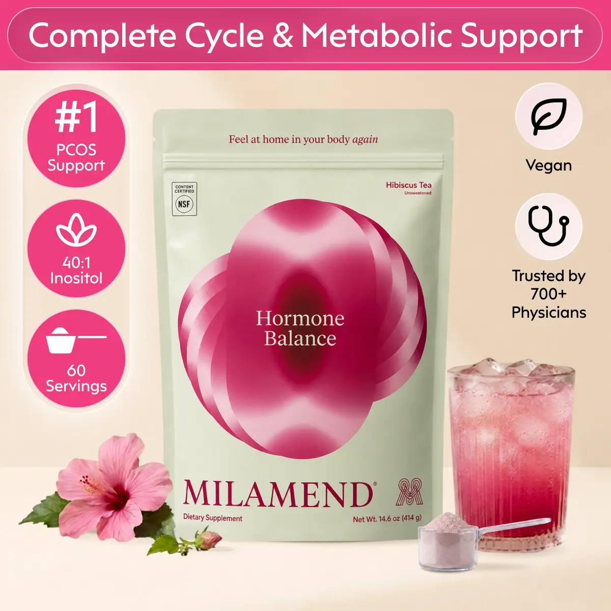 Milamend Hormone Balance Powder for Women - Supports Energy Cycles Skin & PCOS with Inositol CoQ10 & B6 - 60 Day Supply