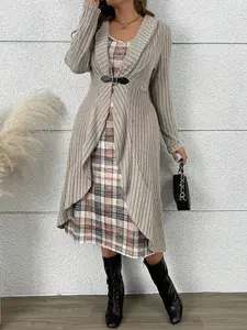 Plus Size Women's Ribbed Asymmetrical Hem Long Sleeve Jacket & Plaid Print Sleeveless Casual Chic Dress Two-Piece Set, Casual Fall