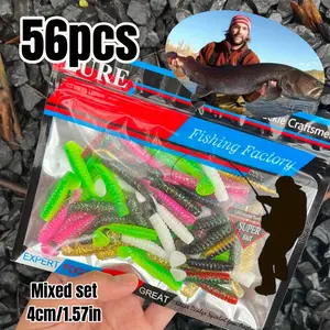 56pcs small T-tail soft baits 4cm/1.57 inches durable lures suitable for saltwater and freshwater fishing, fishing gear, realistic lures, lifelike bait, artificial bait, for fishing enthusiasts, Fishing Lure Set