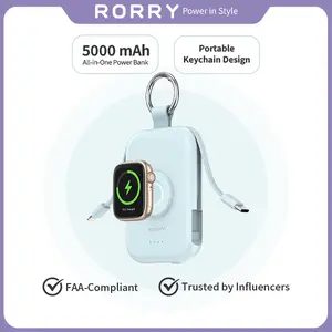 RORRY 5000mAh 3-in-1 Portable Power Bank with Built-in USB-C & Lightning Cables + Magnetic Apple Watch Wireless Charging – 22.5W Fast Charging for iPhone & Android Gadgets Smartphone