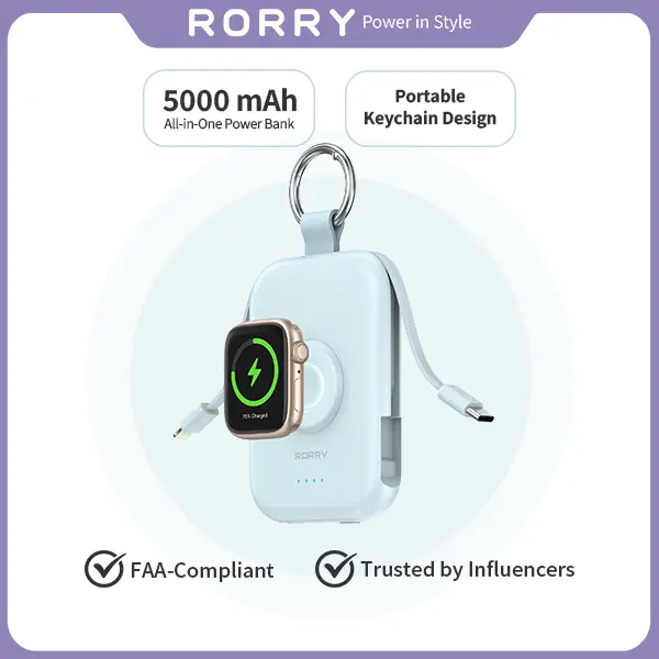 RORRY 5000mAh 3-in-1 Portable Power Bank with Built-in USB-C & Lightning Cables + Magnetic Apple Watch Wireless Charging – Fast Charging for iPhone & Apple Watch Android Gadgets Smartphone backtoschool,back to school,back to school haul