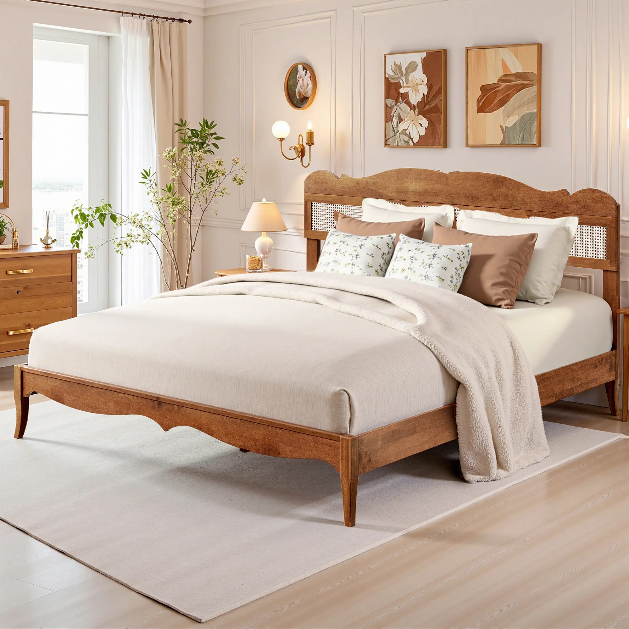 PHIVILLA Full/Queen/King Size Rattan Bed Frame with Vintage Wood Headboard | Solid Wood Platform Bed, No Box Spring Needed, Easy Assembly, Stable & Stylish for Modern Bedrooms