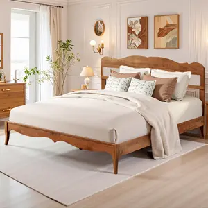Sophia & William Full/Queen/King Size Rattan Bed Frame with Vintage Wood Headboard | Solid Wood Platform Bed, No Box Spring Needed, Easy Assembly, Stable & Stylish for Modern Bedrooms