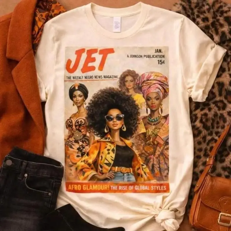 Afro Glamour Vintage Magazine Cotton T-shirt for Women Artistic Fashion Afrocentric Fall Graphic Tee Crewneck Tshirt