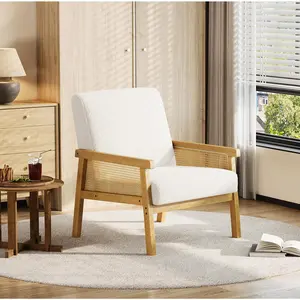 High-Back Rattan Accent Chair with Wooden Frame, Modern Living Room Armchair High Back Upholstered Reading Chair with Wide Arm, Fabric Lounge Single Sofa for Bedroom Guest Room