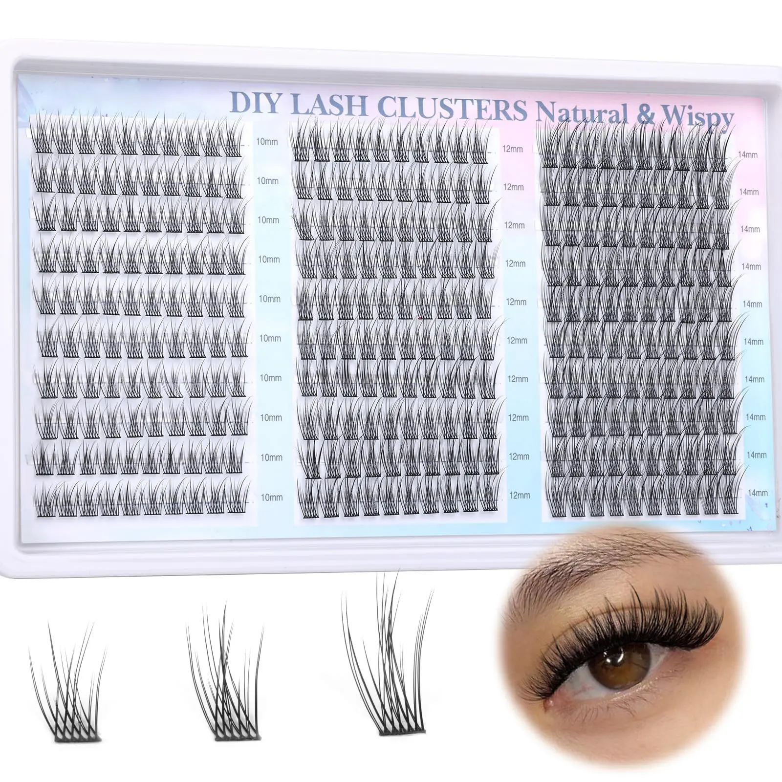 Wispy Natural C Curl Lash Clusters 10 12 14mm DIY Individual Eyelash Extensions, Natural Soft Cluster Lashes for At Home Lash Extension Look