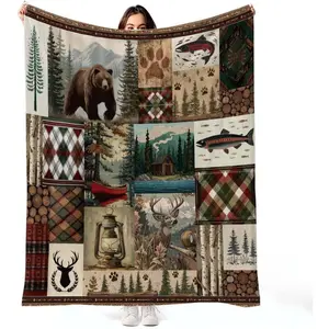 Rustic Cabin Flannel Throw Blanket,Bear Deer Forest Patchwork Design,Cozy Soft Warm Lightweight Portable Blanket,Woodland Wildlife Blanket,Farmhouse Lodge Home Decor,Couch Sofa Bed Office Car Travel Camping,Gift for Women Men Adults,Birthday Anniversary