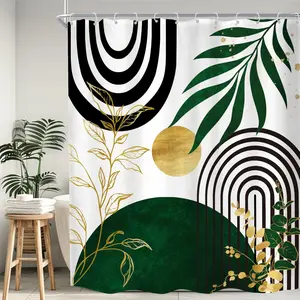 60x72 Inch Boho Green Shower Curtain for Bathroom Decor Mid Century Modern Bohemian Abstract Gold Leaves Plant Botanical Minimalist Geometric Sun Fabric Waterproof Polyester