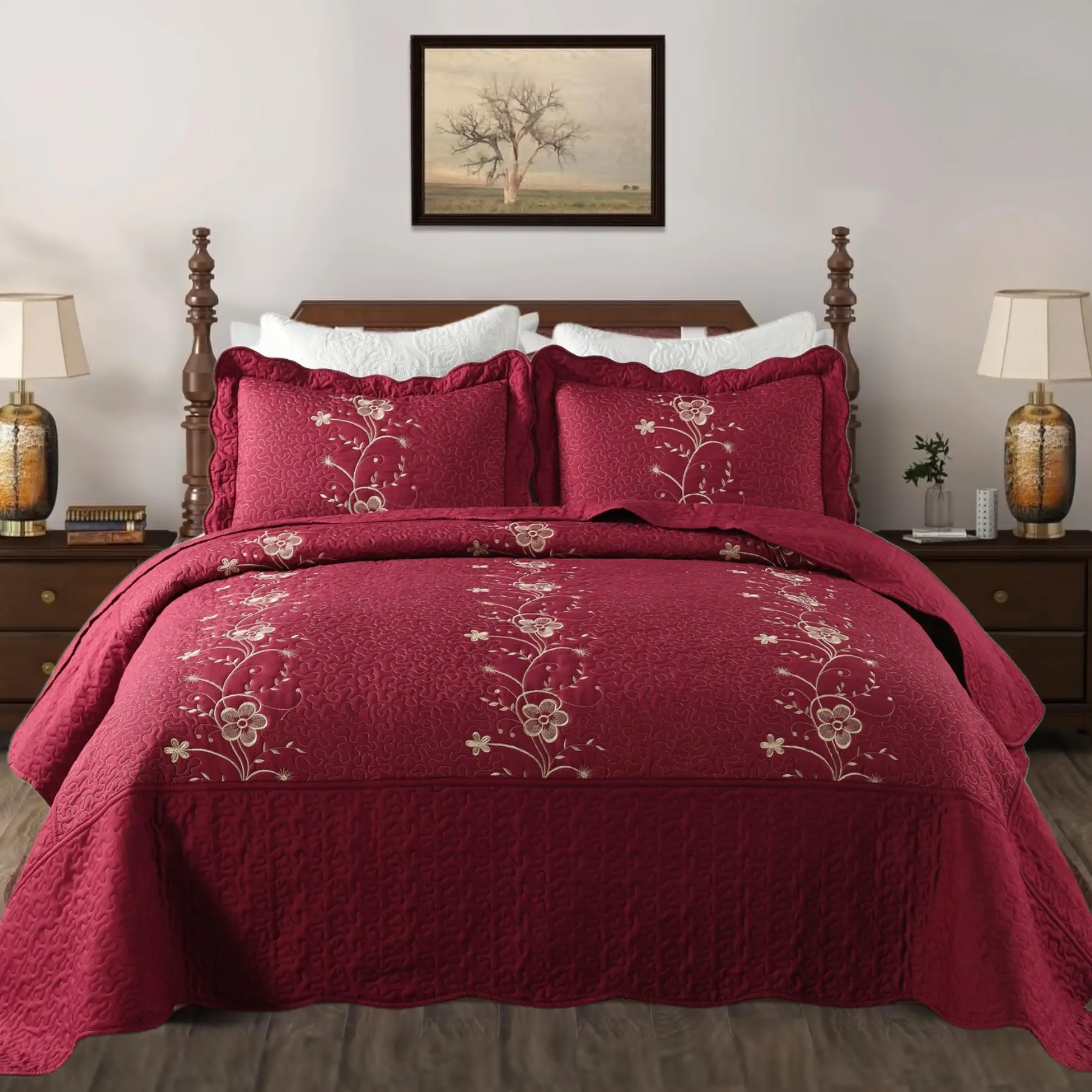 Queen Size 3-Piece Lightweight Bedspread Quilt Set - Embroidered Flower Bed Cover, Comfy Bedding for Stylish Bedroom Decor, Bed Cover Set, Comfy Bedding Set