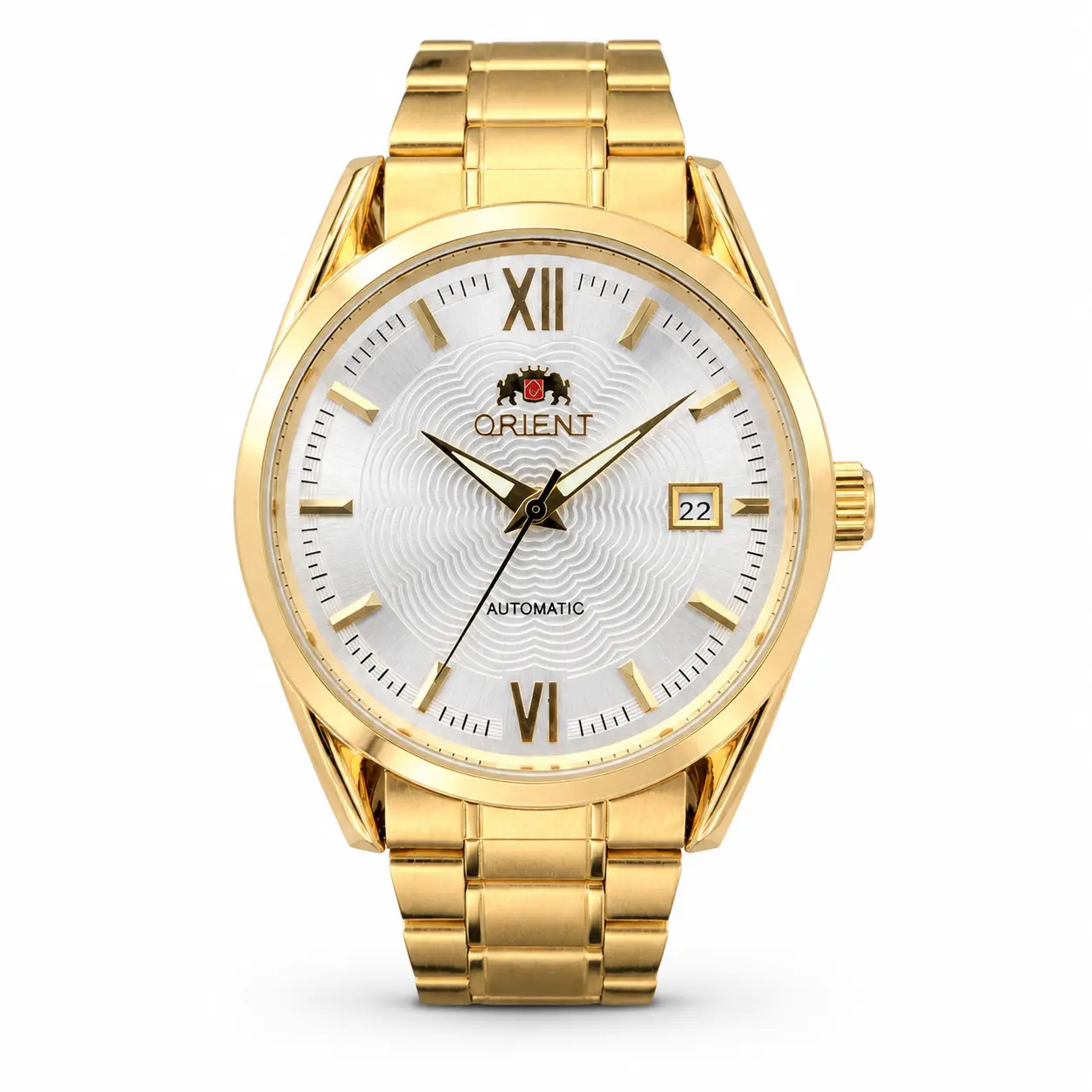 Chronos La Full Gold Stainless Steel Automatic Mechanical Watch for Men, Textured White Roman Dial Business Dress Wrist Watch with Date Display