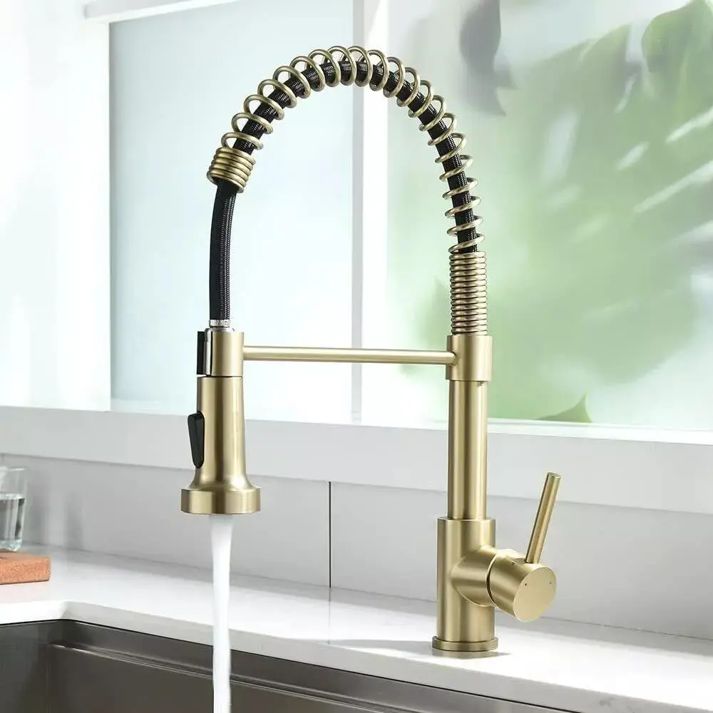 Brushed Gold High Arc Spout Stainless Steel Kitchen Faucet - Single Handle, Single Hole, Spring Design Pull-Down Tap with Hot/Cold Flow, for Farmhouse, RV Sinks