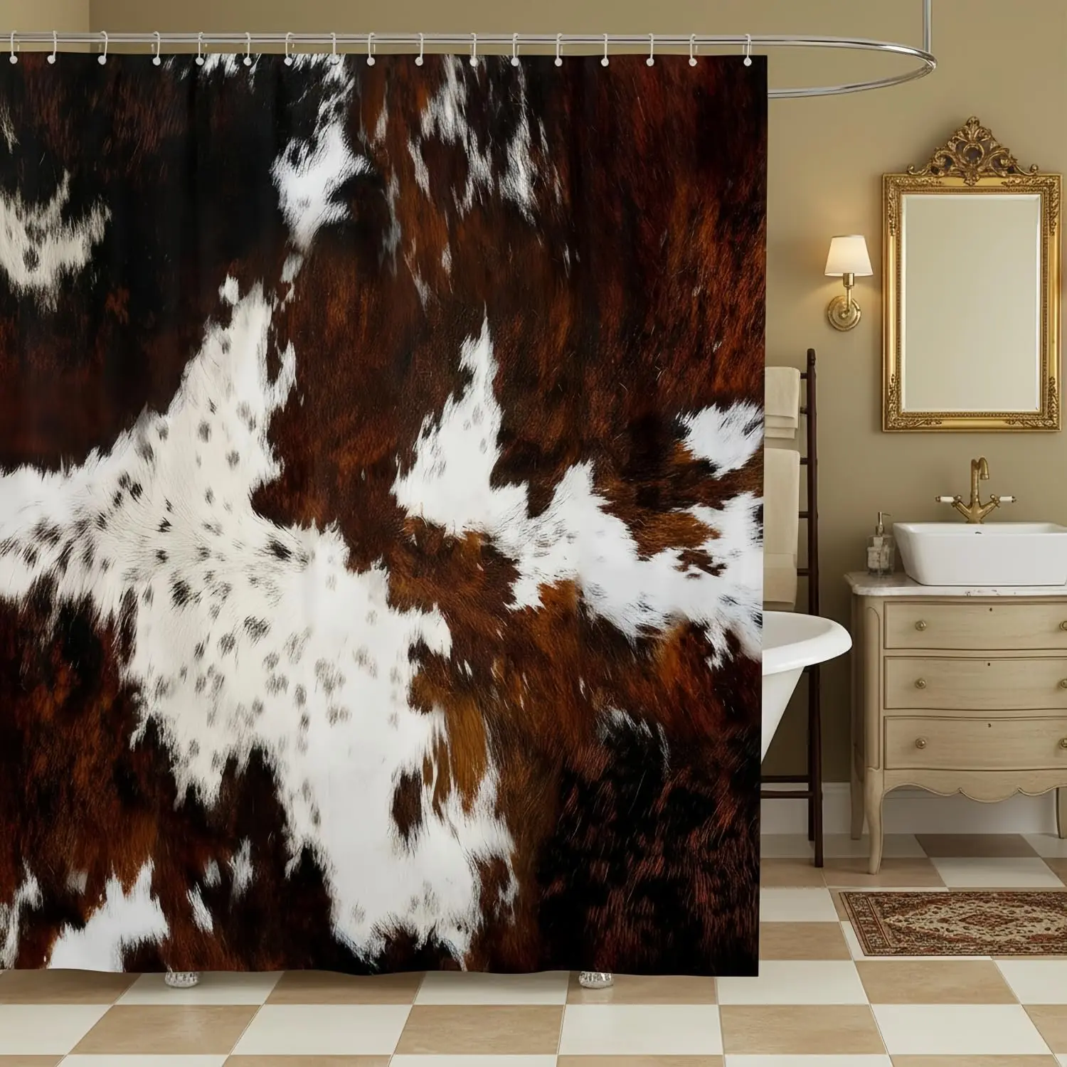 [Back to School] Cow Print Shower Curtain Set,Black Brown Cowhide Fabric Shower Curtain,Rustic Farmhouse Animals Fur Skin Bathroom Curtains, Western Bohemian Bathroom Decor