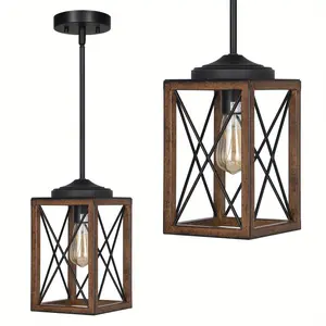 2024 2-Pack Farmhouse Pendant Light Fixtures - Adjustable 48-Inch Metal Hanging Lights with Wooden Grain Finish, Copper and Iron Construction, Ceiling Mount, 110-130V, Dark Brown, for Kitchen Island, Bedroom, Dining Hall