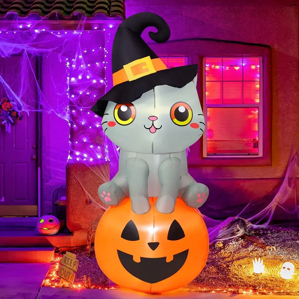 Halloween Inflatable 6 FT Inflatable Halloween Cat Sitting on Pumpkin