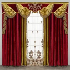 vb 1 Panel American French Curtains Villa Bedroom Velvet Embroidery Red European Sunshade Splicing Curtains Suitable For Living Room, Bedroom, Kitchen, Bathroom, Home Decor, Room Decor ks
