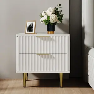 Homary Modern White Nightstand with 2 Drawers Bedside Table with Gold Legs