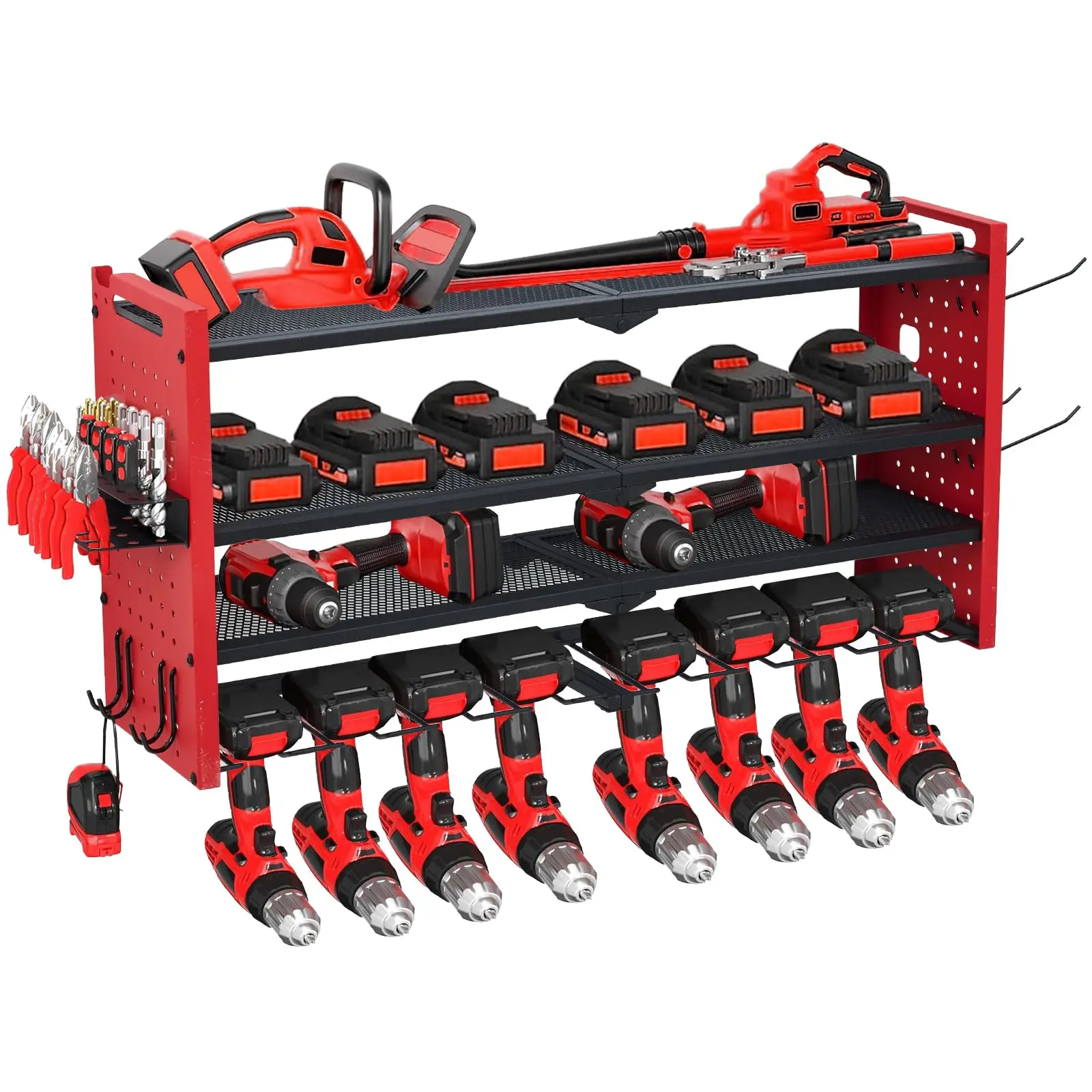 Garvee Wall Mount Power Tool Organizer with Charging Station, 3-Layer Heavy Duty Garage Rack, 4 Drill Storage Shelf with Hooks, Drill Bit & Battery Holder for Garage Workbench