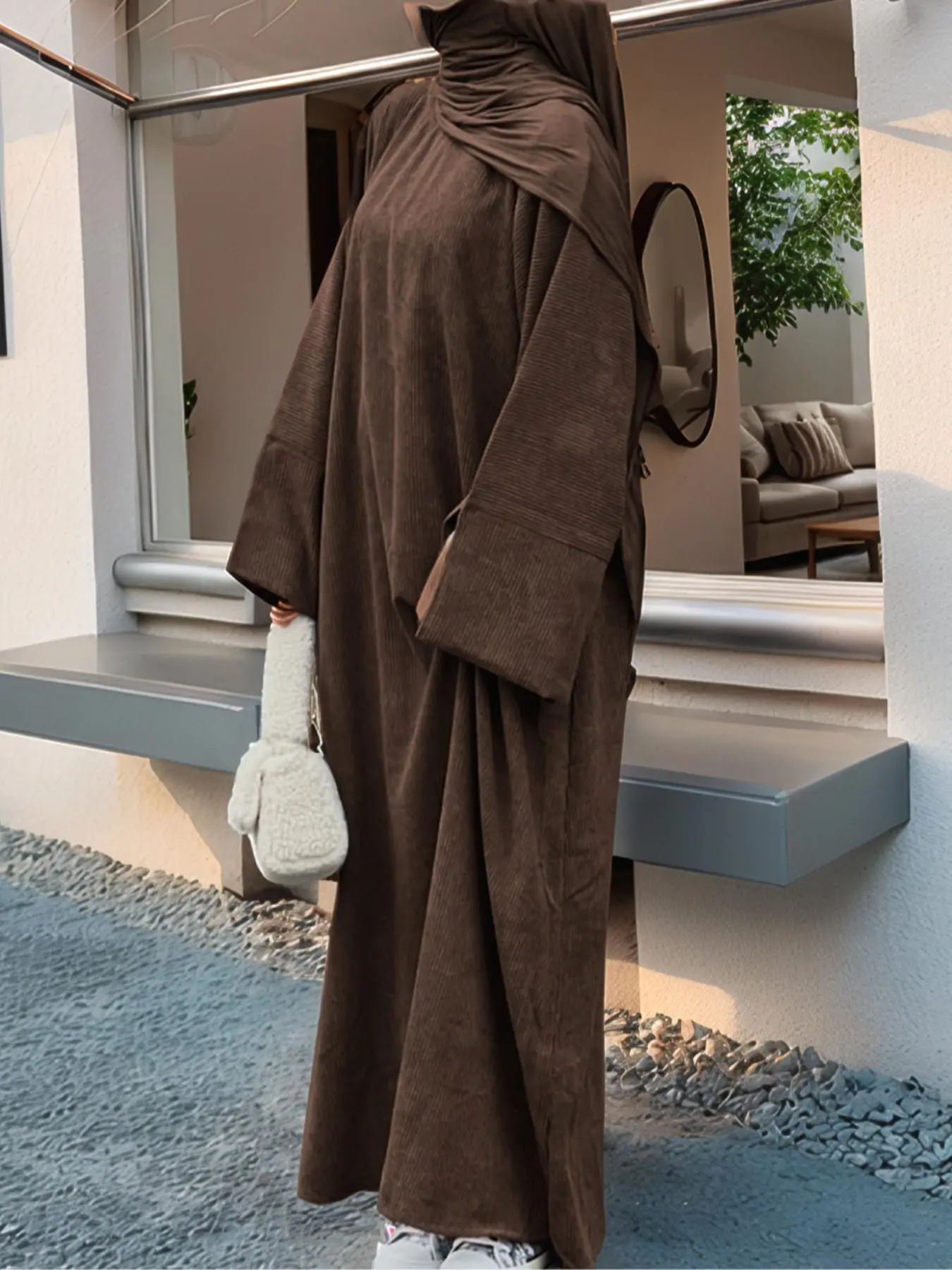 Women's Solid Color Split Sleeve Corduroy Robe, Modest Long Sleeve Round Neck Robe for Fall & Winter, Women's Islamic Clothing for Daily Wear, Islamic Modesty Clothes, Modest Muslim Outfits, Modest Clothes