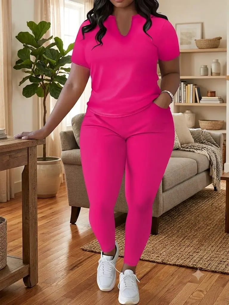 New Plus Size Women's 2-Piece Solid Loungewear Set | Ultra Soft V-Neck Tee & Leggings Cozy Casual Tracksuit Matching Sweatsuit