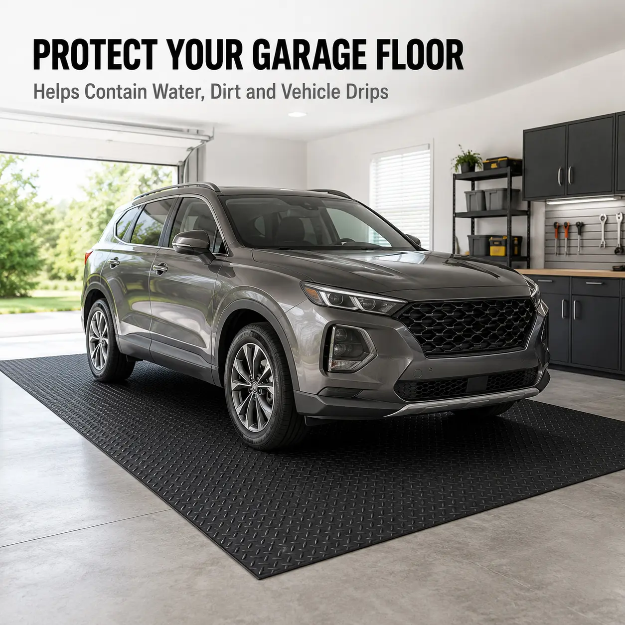 65" x 39" PVC Garage Floor Mat, 2.3mm Thickened Diamond Plate Pattern Flooring Roll, Non-Slip Waterproof Car Mat Protector for Garage, Workshop, Warehouse, Gym, Trailer, Black