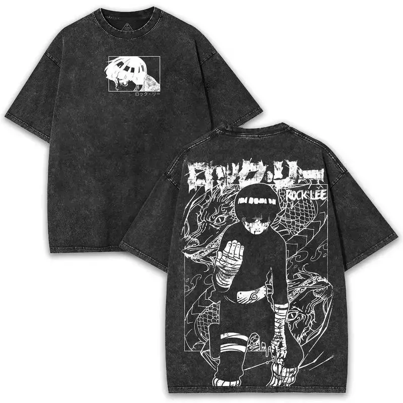 Vintage Acid Washed Double Sided Print Tee, Rock Lee Naruto Graphic Oversized Cotton T-Shirt, Hardworking Ninja Spirit Anime Streetwear Unisex Retro Washed Shirt, Otaku Manga Fan Gift Casual Daily Fashion Mens Womens Anime Merch Valentine Shirts