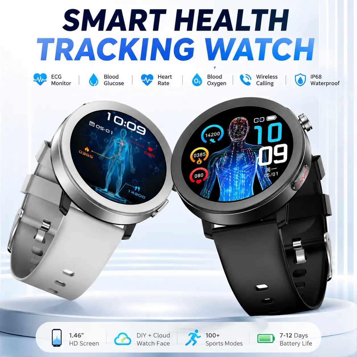Round Metal Wearable Smart Wristwatch Monitor - 1.46" HD Display, ECG Readout, Bluetooth Wireless Calling, IP68 Waterproof Fitness Tracker with Remote Features for Android iOS, Tracks Blood Sugar Trend, Blood Pressure, SpO2, HRV, Body Fat, BMI