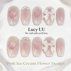 【Lucy UU 】3D Pink Heart Bow Press On Nails Bear Press On Nails Brown Cream Almond Shape Flower Design Glossy Finish Easy Application