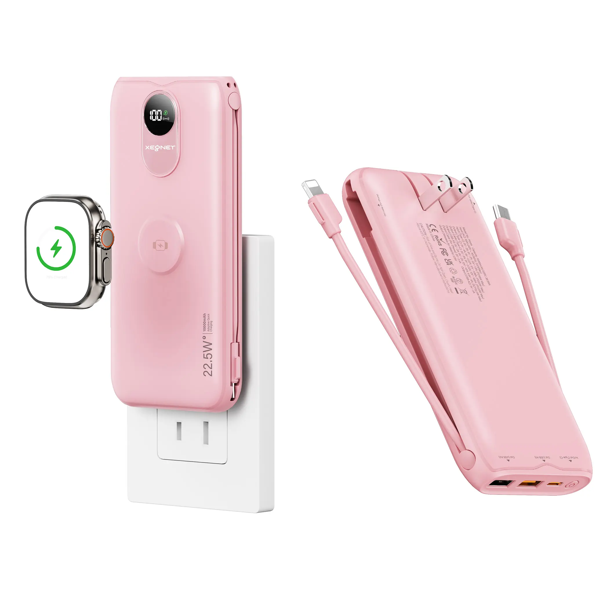 Diamuar 10000mAh Power Bank with AC Wall Plug, 22.5W SCP/20W PD Fast Charging, Built-in (Type-C+Lightning) Cables, Wireless Charger for Apple Watch Series 10/9/8/7/SE, LED Digital Display, All-in-One for iPhone, Samsung, AirPods summerwins