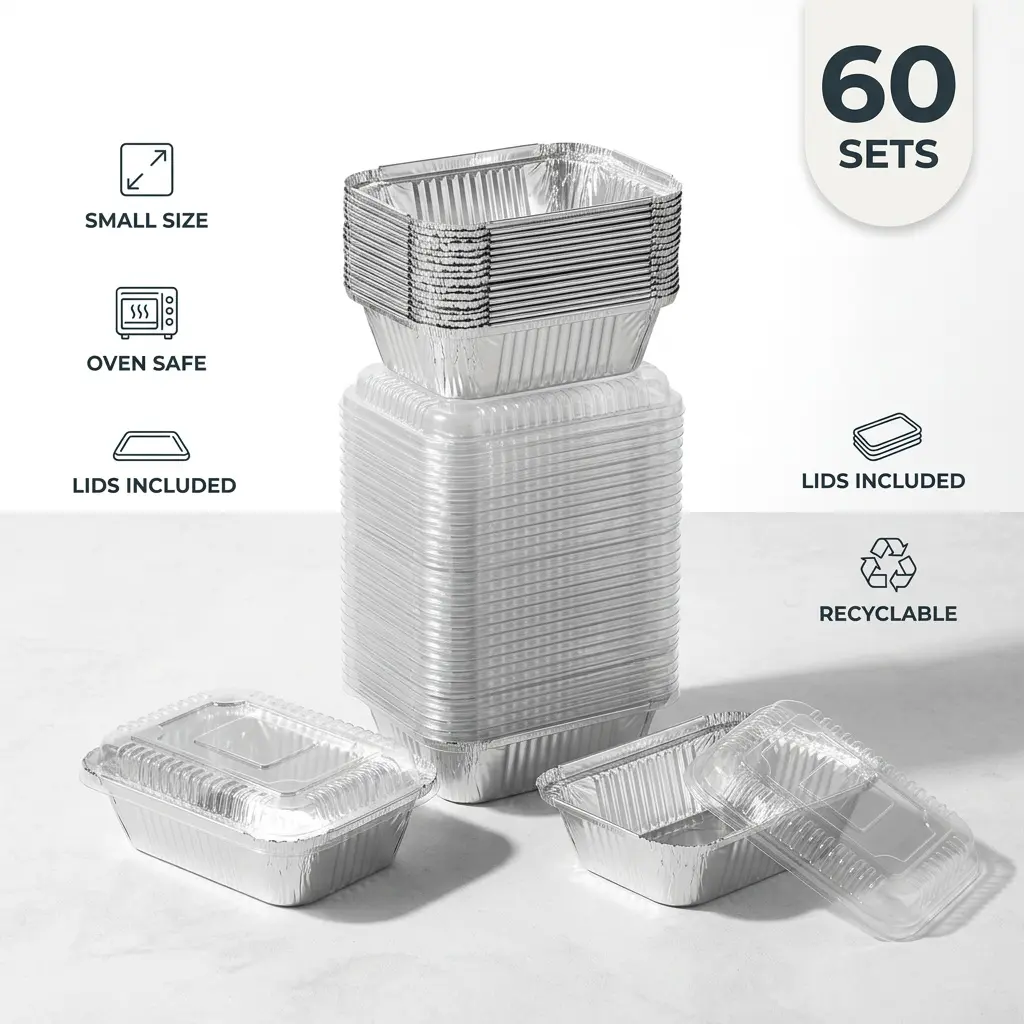 60-Piece Mini Size Aluminium Foil Disposable Cookware Set with Lids - Kitchenware for Quick Meals, BBQ Events, Cooking Evenly, Easy Cleanup