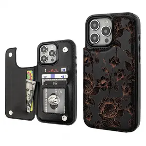 Fashion flower pattern Aesthetics Pattern Phone Cases Compatible For With iphone 17 16 15 14 13 12 PRO PLUS MAX Air PU Black Durable Flip High quality Leather Credit Card Bag Holder Gift Wallet Shockproof Anti-Drop Full Protection Phone Cases Shell Cover