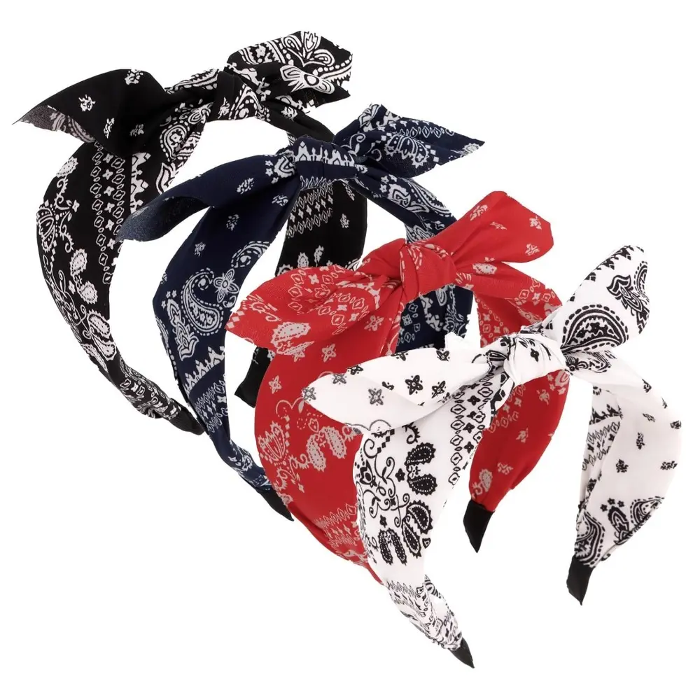 4pcs Headbands for Women, Paisley Print Wide Bow Headbands for Women, Bandana Rabbit Ear Elastic Hairband, Knot Headbands, Hair Accessories for Women, Great for Birthday Gifts, Party (Red+White+Navy+Black)