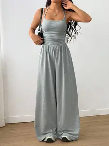 Women's Summer Casual Wrap Vest Jumpsuit, Pure Color Sleeveless Design, Loose Fit Wide Leg Pants, Comfortable All-Day Wear, Solid