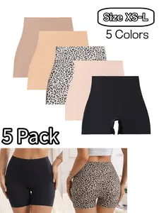 High Waist Seamless Women's Slim Fit Briefs, Fashion Leopard Print Solid Color Underwear, Comfortable Breathable Shapewear, Casual Sporty Bottoms, 5 Pack