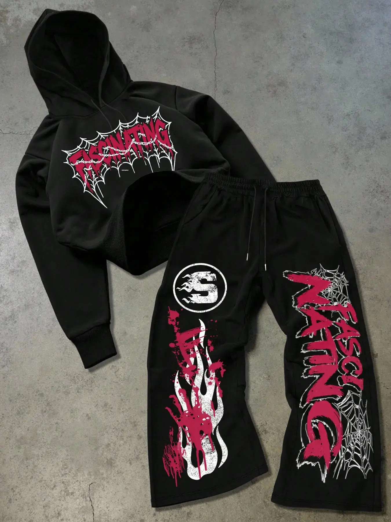 Men's Hoodie Set with Fascinating Text & Spider Web Decor, Casual Pants with Flame & S Logo, Halloween Style, Fall & Winter