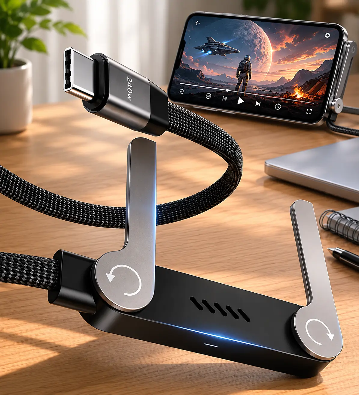 Invisible Holder Charger Cable, 240W PD Fast Charging Cable for Desk, USB-C to USB-C & USB to Light-ning Cable 4.9 FT with 360° Adjustable Metal Stand, 2 in 1 Holder Charger for Gaming, Office, Home