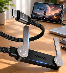Invisible Holder Charger Cable, 240W PD Fast Charging Cable for Desk, USB-C to USB-C & USB to Light-ning Cable 4.9 FT with 360° Adjustable Metal Stand, 2 in 1 Holder Charger for Gaming, Office, Home